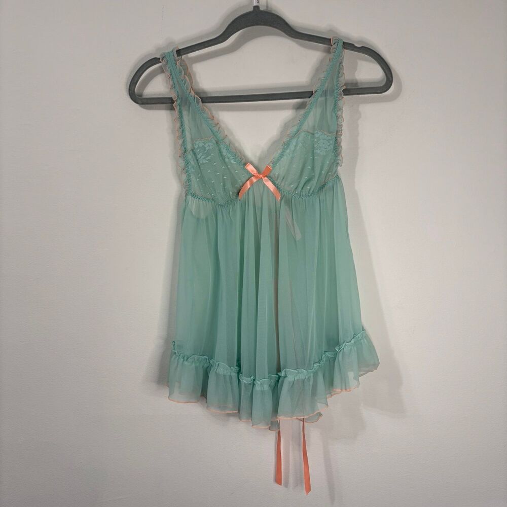 Victoria’s Secret Sheer Teal Babydoll Nightgown Ruffle Lace Trim Sz L